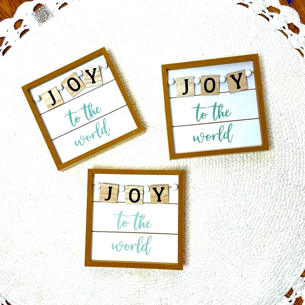 “Joy to the world” boho Beaded Christmas holiday wood sign decor NWT Set of 3